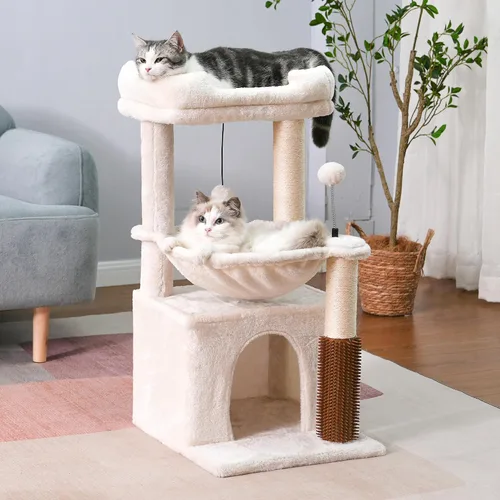 Miniatura 7 de Árbol para gatos pequeños de 32 pulgadas para gatos grandes, torre para gatos adultos con poste rascador, hamaca grande de 15.7 pulgadas y auto Beige