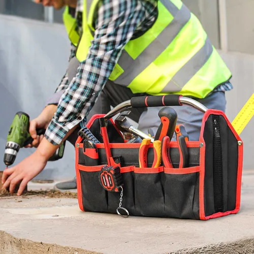 Miniatura 6 de HAUTMEC TB0001 - Bolsa de mano de 8 bolsillos con tapa abierta para electricista, marco rígido de 13 pulgadas, contenedor de herramientas
