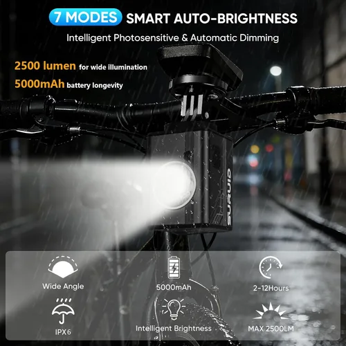Miniatura 4 de Suruid 2500LM Super Bright Bike Lights for Night Riding, IPX6 Waterproof Bike Headlight with Auto Motion Sensor, 6Mode Bicycle Light, Tool-Free Bike