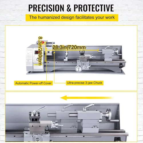 Miniatura 5 de VEVOR Torno de metal, Mini máquina de torno de 210x720, Cambio de velocidad variable de 2500 RPM, Mini torno de precisión de 750W, Torno de trabajo