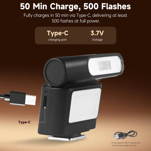 Miniatura 6 de Mini cámara flash Speedlite con luz de video, GN8 6500K flash externo ajustable, soporte universal de zapata caliente de un solo contacto, Negro A
