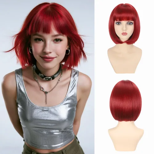 Miniatura 18 de Peluca Bob Marrón Ceniza con Flequillo, Peluca Corta y Lisa para Mujeres y Niñas, 12 Pulgadas, Resistente al Calor, Peluca de Cabello Bob Sintético