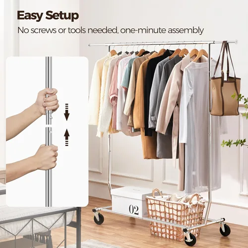 Miniatura 7 de Yaheetech Percheros de ropa comercial con ruedas, barra individual de grado ajustable, altura ajustable, perchero con ruedas para colgar ropa