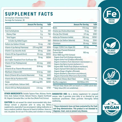 Miniatura 2 de Quorinthiumax Gomitas prenatales sin azúcar, 180 unidades, vitaminas prenatales orgánicas para mujeres con folato, DHA y probióticos, gomitas
