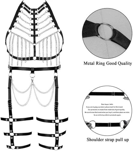 Miniatura 3 de ArnÃ©s de cuerpo de talla grande para mujer y niÃ±a, cadena de metal hueca completa, brasier de jaula, medias de liga, ropa gÃ³tica rave