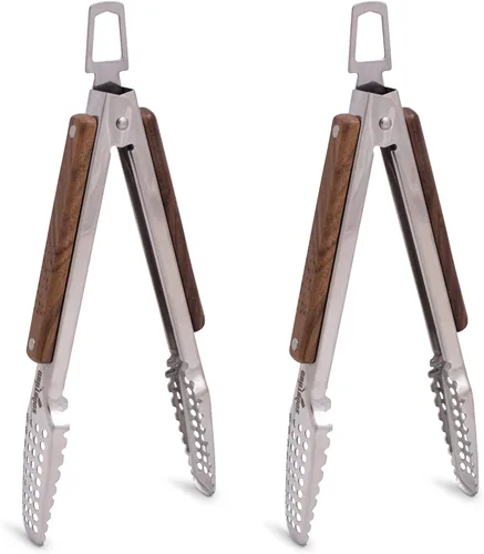 Miniatura 23 de Pinzas para barbacoa de acero inoxidable 18/0 de 9 pulgadas con mango ergonómico de madera de roble real para cocinar, accesorio duradero
