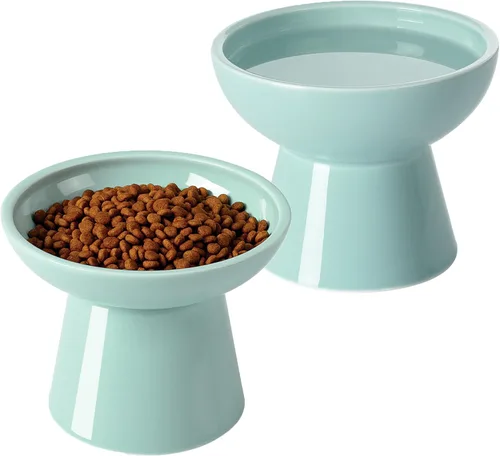 Miniatura 20 de LoeJan Juego de cuencos elevados de comida y agua para gatos, comedero de cerámica extra ancho y elevado, cuenco de alimentación a presión Verde