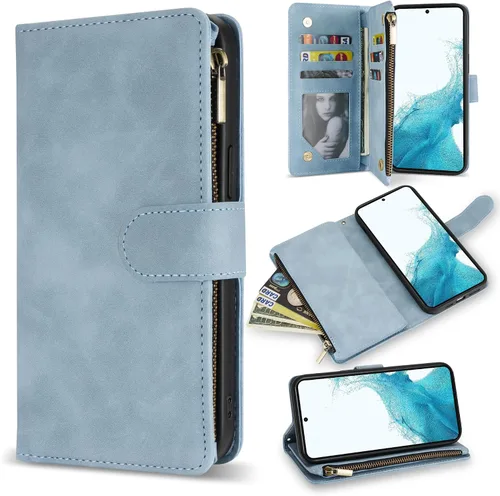 Miniatura 16 de ZZXX Funda para Samsung Galaxy S22 Plus con ranura para tarjeta, piel sintética suave de alta calidad, con cremallera, con correa para la muñeca