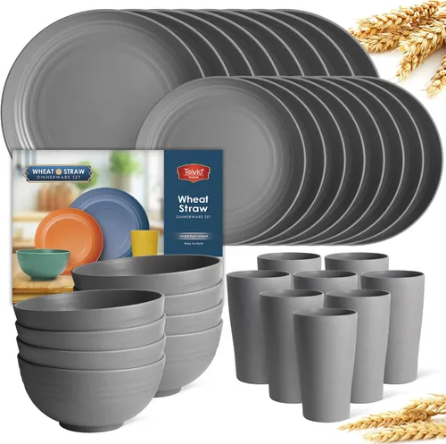 Miniatura 18 de Teivio - Juego de vajilla de paja de trigo de 32 piezas para cocina, juego de platos de plástico irrompible, servicio para 8, juego moderno de Negro