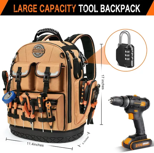 Miniatura 2 de Mochila para herramientas, mochila de herramientas resistente, bolsa de herramientas HVAC para electricista/trabajos de construcción con base Marrón