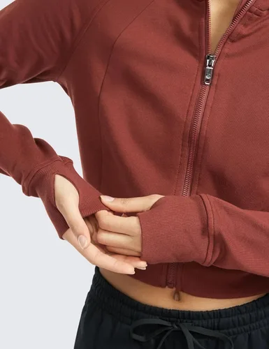 Miniatura 5 de CRZ YOGA Sudadera corta con capucha de forro polar con cremallera para mujer, para entrenamiento, atlética, casual, manga larga, con agujeros