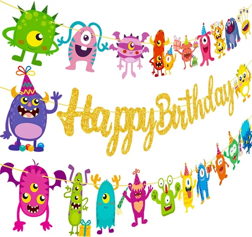 Cartel de monstruo de feliz cumpleaños, suministros de fiesta de cumpleaños con purpurina para niños, tema de monstruo pequeño, baby shower,