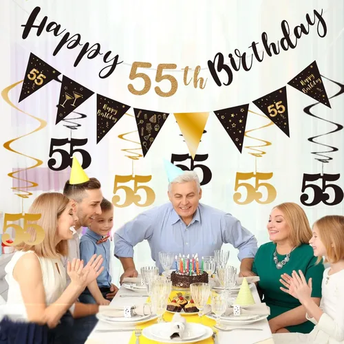 Miniatura 4 de BRT Bearingshui Kit de decoración de cumpleaños número 55 para hombres y mujeres, pancarta de feliz cumpleaños 55, serpentinas de remolinos