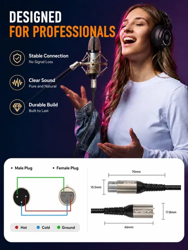 Miniatura 3 de VIOY Cable de micrófono XLR de 6.6 pies, cable de micrófono macho a hembra, cable equilibrado de 3 pines - cable de extensión XLR trenzado de nailon