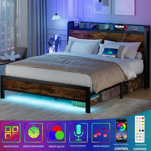 Miniatura 4 de Furnulem Base de cama Queen con almacenamiento de cabecero, marco de cama tamaño Queen con estación de carga y luces LED, no necesita somier