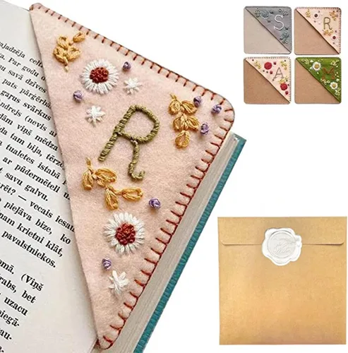 Miniatura 11 de Marcapáginas de esquina bordado a mano personalizado, 26 letras con costura a mano de fieltro, marcapáginas de esquina con bordado de flores lindo