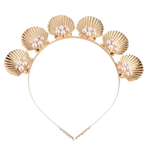 minkissy Diadema de concha de perlas doradas, accesorio para el cabello para mujeres y niñas, vacaciones, boda, fiesta, cosplay, ligero y decorativo