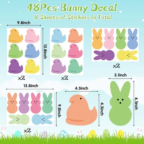 Miniatura 2 de Calcomanías de pared de conejo de Pascua – 8 calcomanías de Peeps en total 48 piezas coloridas y bonitas pinturas de vinilo transparente estético