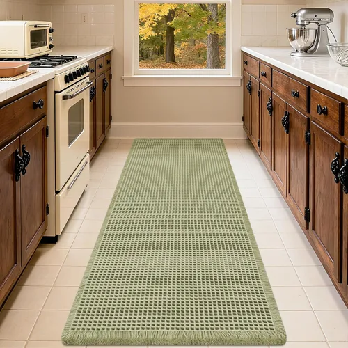 Miniatura 55 de IM HOME Tapete de baño de punto gofre, color caqui, de 24 x 17 pulgadas, tejido bohemio, moderno, absorbente, antideslizante, suave, lavable