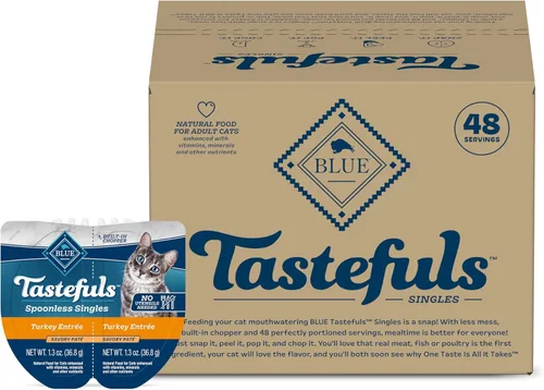Blue Buffalo Tastefuls Spoonless Singles - Alimento húmedo para gatos adultos, plato principal de pavo, tazas perfectamente porcionadas en (24)