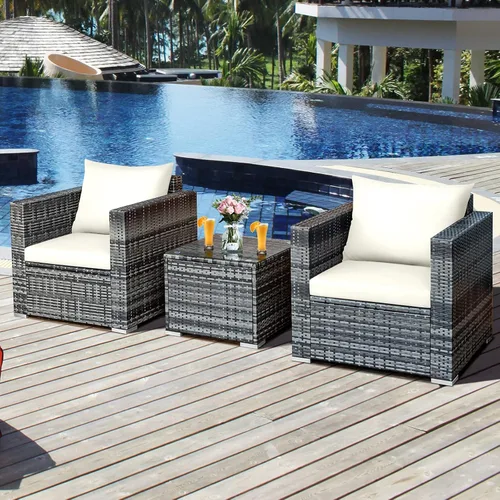 Miniatura 6 de Juego de muebles de patio de 3 piezas para exteriores, juego de conversación de mimbre de ratán con cojín resistente al agua y mesa de vidrio Beige