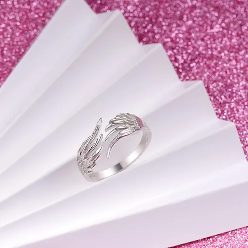 Miniatura 5 de Anillo de plata de ley 925 con alas de ángel y plumas ajustables y delicadas para mujeres, adolescentes y niñas, Metal, Zirconia cúbica