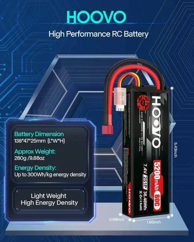 Miniatura 3 de HOOVO 2S 7.4V 5200mAh 80C RC LiPo - Carcasa rígida con conector T para vehículos RC Buggy, coche, barco, camión (paquete de 2)