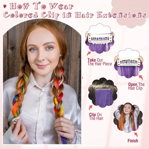 Miniatura 5 de Extensiones de cabello de colores 12 piezas de 24 pulgadas, extensiones de cabello rosa cosplay con clip, color arco iris, para fiesta, largo
