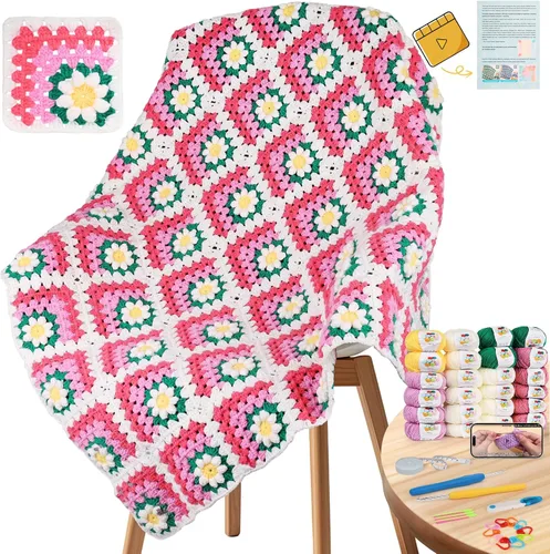 Miniatura 9 de Kit de Ganchillo Coopay para Principiantes para Manta, Kit de Ganchillo de Cuadrados de Abuela con Instrucciones y Suficiente Hilo, Juego Completo