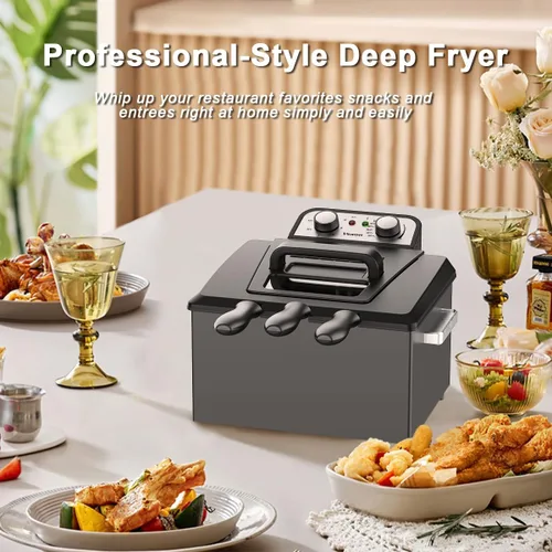 Miniatura 5 de Freidora eléctrica grande de 1800W y 5 litros/21 tazas con 3 cestas de freír, temperatura ajustable, tapa con ventana de visualización, cuerpo