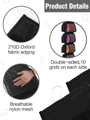 Miniatura 7 de Aulock Paquete de 2 organizadores de almacenamiento de leggings, sistema organizador de armario colgante, soporte negro para armarios de ropa con 20