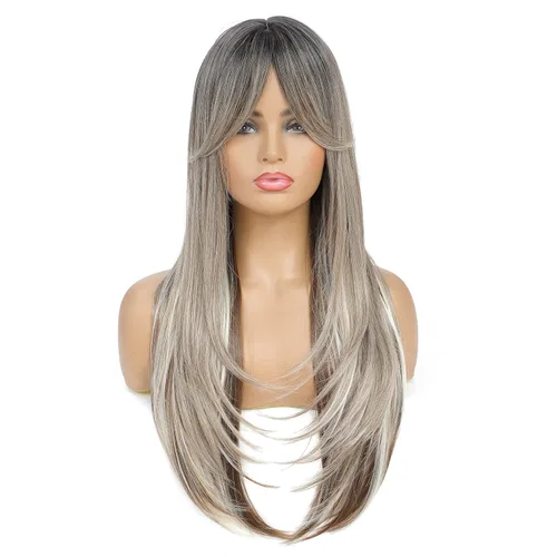 Miniatura 16 de SWACC Peluca de pelo sintético con flequillo largo en capas para mujeres con gorra de peluca (negro)
