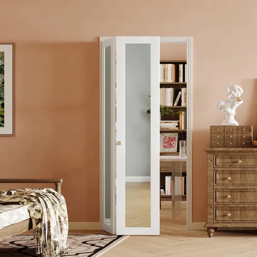 Miniatura 31 de Puerta plegable de 180 grados, para aberturas de 30 ″ x 80 ″, puerta plegable esmerilada blanca 3-Lite con bisagras, juego de herrajes para puertas