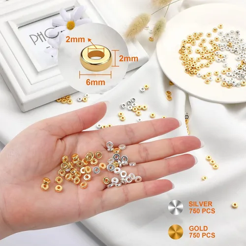 Miniatura 2 de 1500 piezas de cuentas espaciadoras redondas planas de 0.23 pulgadas, cuentas en forma de disco sueltas para hacer joyas, para pulseras, collares