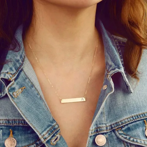 Miniatura 3 de M MOOHAM - Collar con dije de barra rectangular con inicial, para mujer, chapado en oro rosa de 14 quilates, acero inoxidable, con nombre grabado