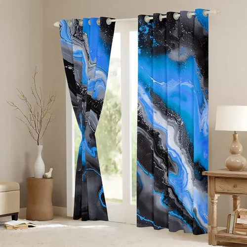 Miniatura 3 de Feelyou Cortinas abstractas para dormitorio, sala de estar, cortinas opacas de oscurecimiento negro y azul, con estampado de mármol, 2 paneles de 38