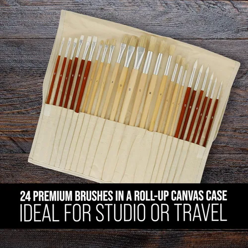 Miniatura 3 de U.S. Art Supply Juego de 24 pinceles de pintura acrílica y al óleo con asas largas, soporte organizador de pinceles de lona, redondo, puntas planas