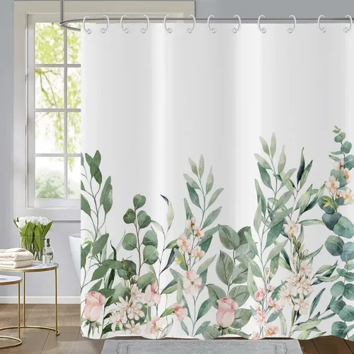 Miniatura 16 de Cortina de ducha de hoja de eucalipto, hojas verde salvia y doradas, plantas de acuarela en la parte superior, cortina de baño de tela con fondo