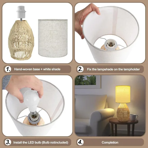 Miniatura 5 de Lámpara de mesita de noche estilo Boho de ratán - Lámpara tejida de bambú hecha a mano con 3 temperaturas de color para mesita de noche y sala
