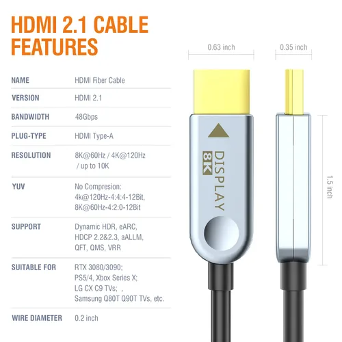 Miniatura 3 de 8K HDMI 2.1 Cable de fibra óptica 15 pies en pared de alta velocidad 48Gbps cable HDMI 8K60Hz 4K120Hz delgado delgado flexible