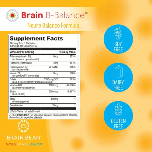 Miniatura 7 de Brain B Balance: Multivitamínico metilado - Fórmula neurobalance del complejo B metilado - Metilfolato apoya el estado de ánimo.Mind.Memory - 60