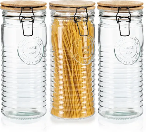 Miniatura 7 de kitchentoolz Tarros de almacenamiento de vidrio con tapas herméticas, juego de 3 recipientes de almacenamiento Mason para cereales, café y arroz