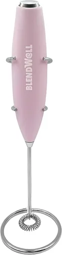 BlendWell Espumador de leche eléctrico para matcha y café, mezclador de bebidas de mano con batería, con soporte, batidor de acero inoxidable, rosa