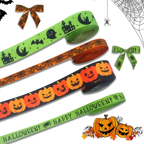 Miniatura 5 de 4 rollos de cintas de grogrén de 20 yardas, estampado de calabaza de Halloween, tela de araña satinada, rayas negras y naranjas, cintas de envoltura