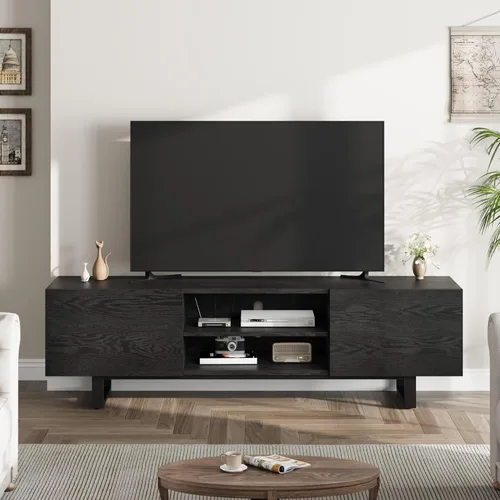 Miniatura 2 de Moderno soporte de TV para TV de 65/75/80 pulgadas, centro de entretenimiento negro de 70 pulgadas con 2 cajones y estantes abiertos, gabinete