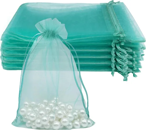 Jexila 100 bolsas de organza verde azulado transparente de 4''x6' pulgadas, pequeñas bolsas de regalo de joyería con cordón de malla para baby