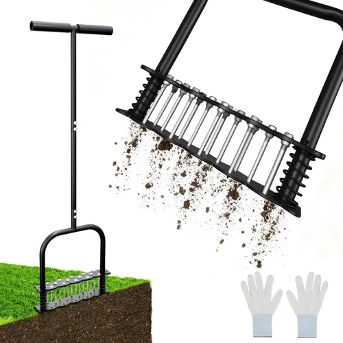 Herramienta aireadora de césped mejorada con 14 picos de acero, herramienta de aireador manual de césped con diseño de resorte y limpieza automática
