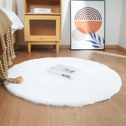 Ghouse Alfombra redonda de piel de conejo sintética de 4 pies, alfombra redonda blanca para decoración de dormitorio, alfombras esponjosas para sala