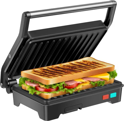 Panini - Parrilla de prensa, sandwichera de 1000 W con placas revestidas antiadherentes, abre 180 grados para cualquier tamaño de alimentos,