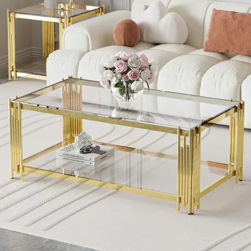 Miniatura 16 de Mesa de centro de cristal negro de 43 pulgadas, mesa moderna para sala de estar, acero inoxidable dorado, patas de metal, rectangular, de vidrio